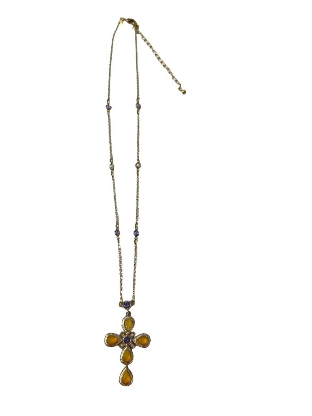 Vintage Avon Gold Tone Cross Pendant Necklace Yellow Cabochon Purple Rhinestones